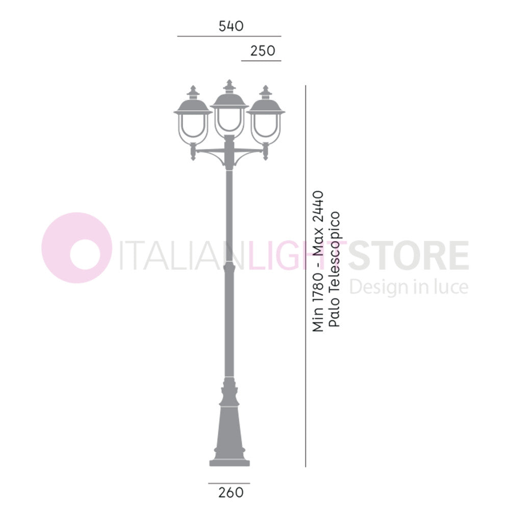 RUSTICA Lampione Telescopico a 3 Luci Cappelli in Rame