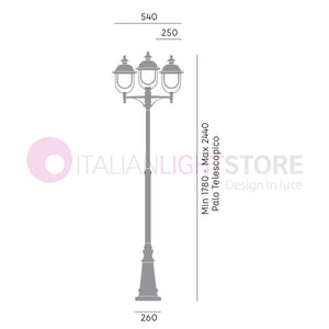 RUSTICA Lampione Telescopico a 3 Luci Cappelli in Rame