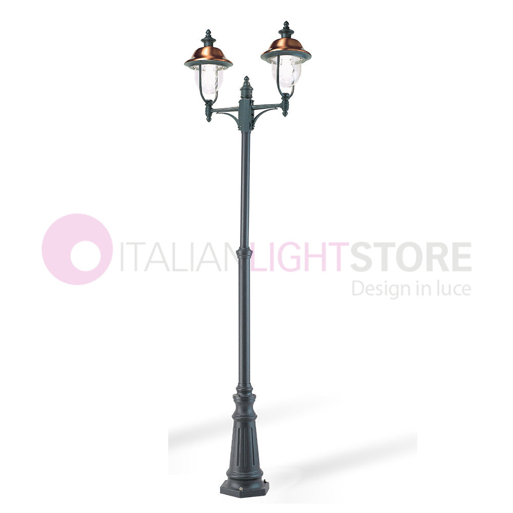 RUSTICA Lampione Telescopico a 2 Luci Cappelli in Rame