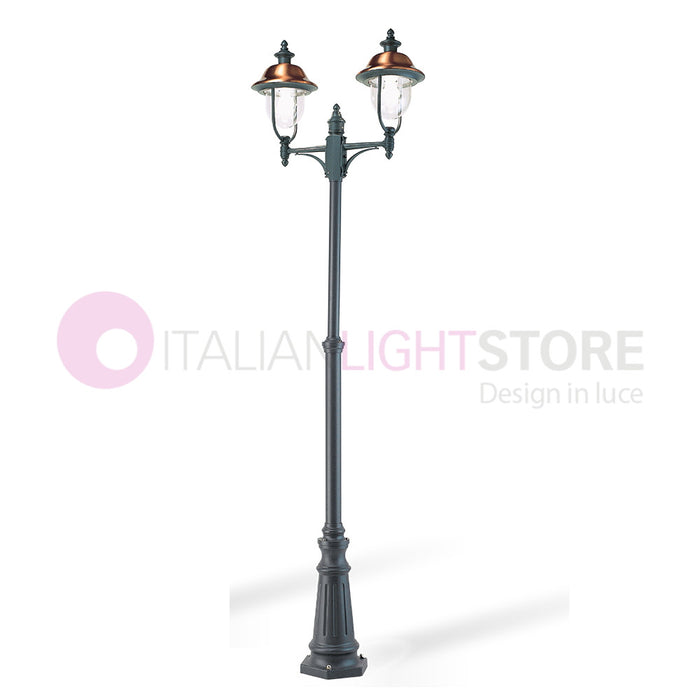 RUSTICA Lampione Telescopico a 2 Luci Cappelli in Rame