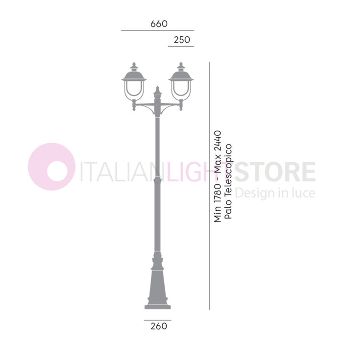RUSTICA Lampione Telescopico a 2 Luci Cappelli in Rame