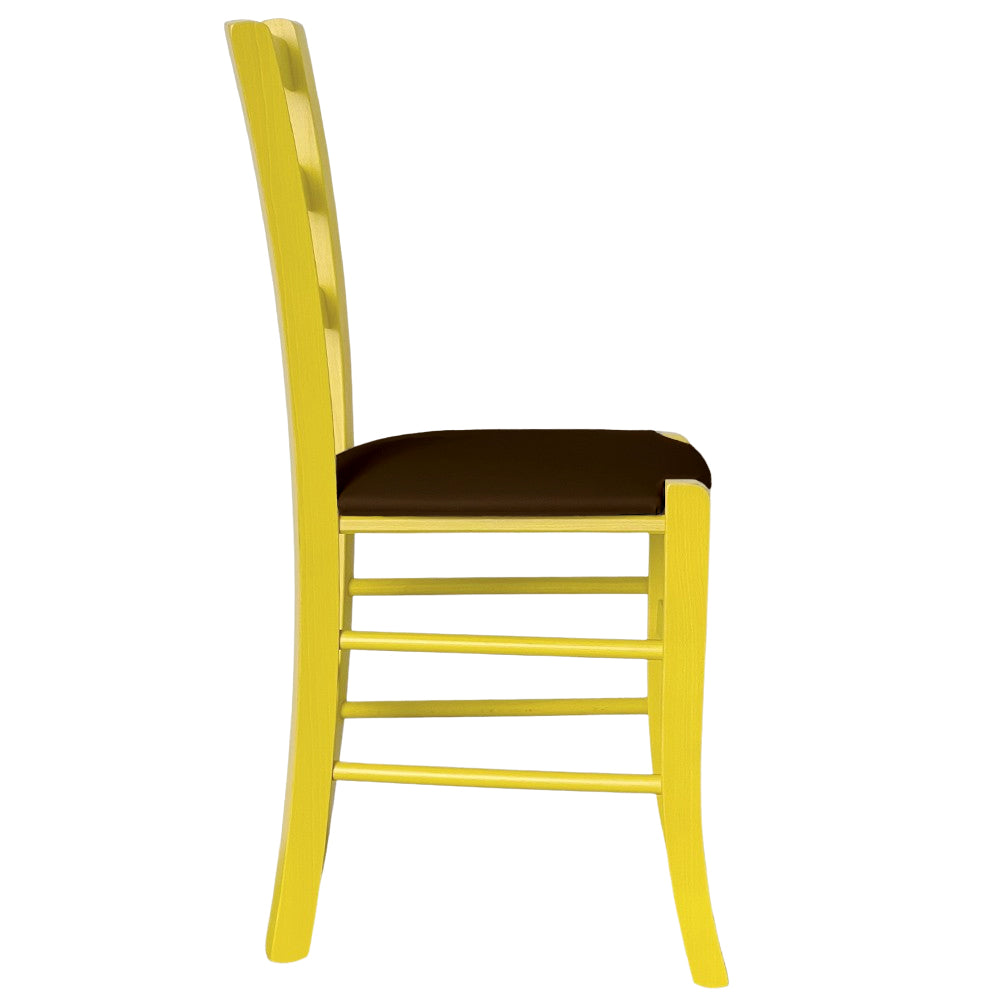 Sedia legno venezia gialla con seduta similpelle marrone