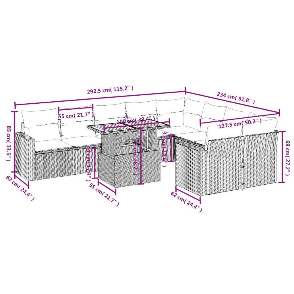 Set Divano da Giardino 10 pz con Cuscini Grigio in Polyrattan