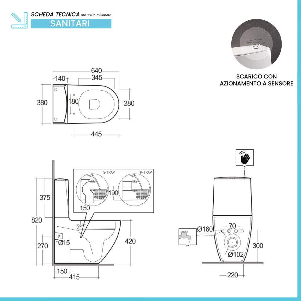 WC monoblocco filomuro in ceramica con sedile e cassetta con sensore Rak Des