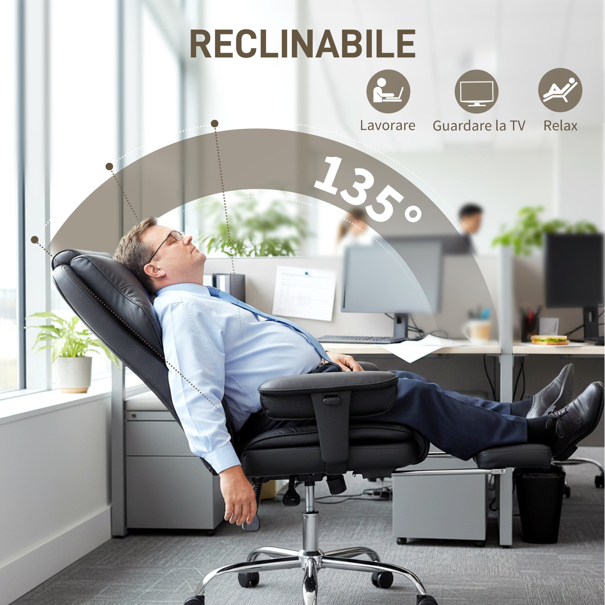 Sedia da Ufficio 76x73x117-125 cm con Poggiapiedi e Poggiatesta in Pelle PU Schiuma e Metallo Nero