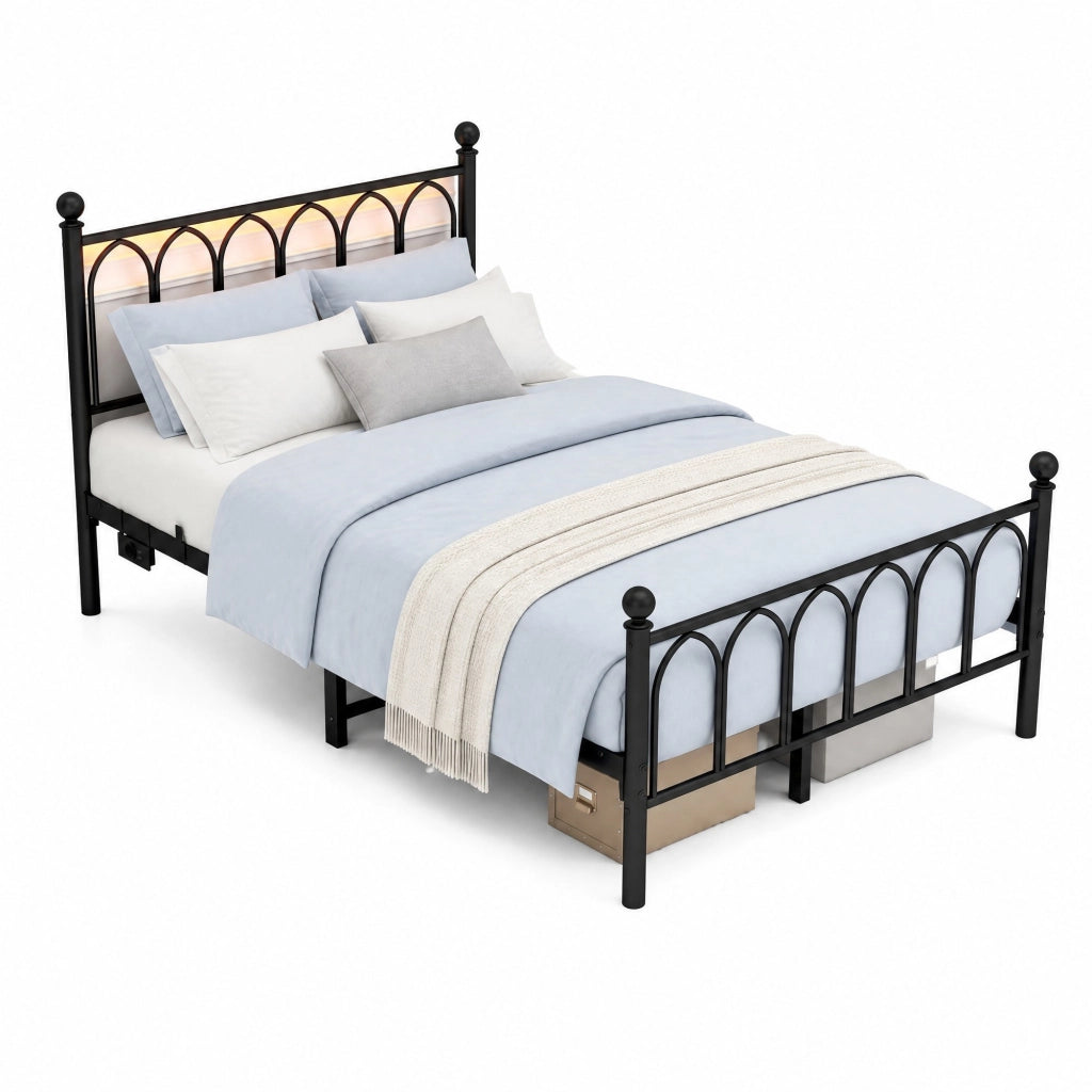 Letto matrimoniale in metallo 120x200 cm con LED, USB, presa, testiera alta, nero