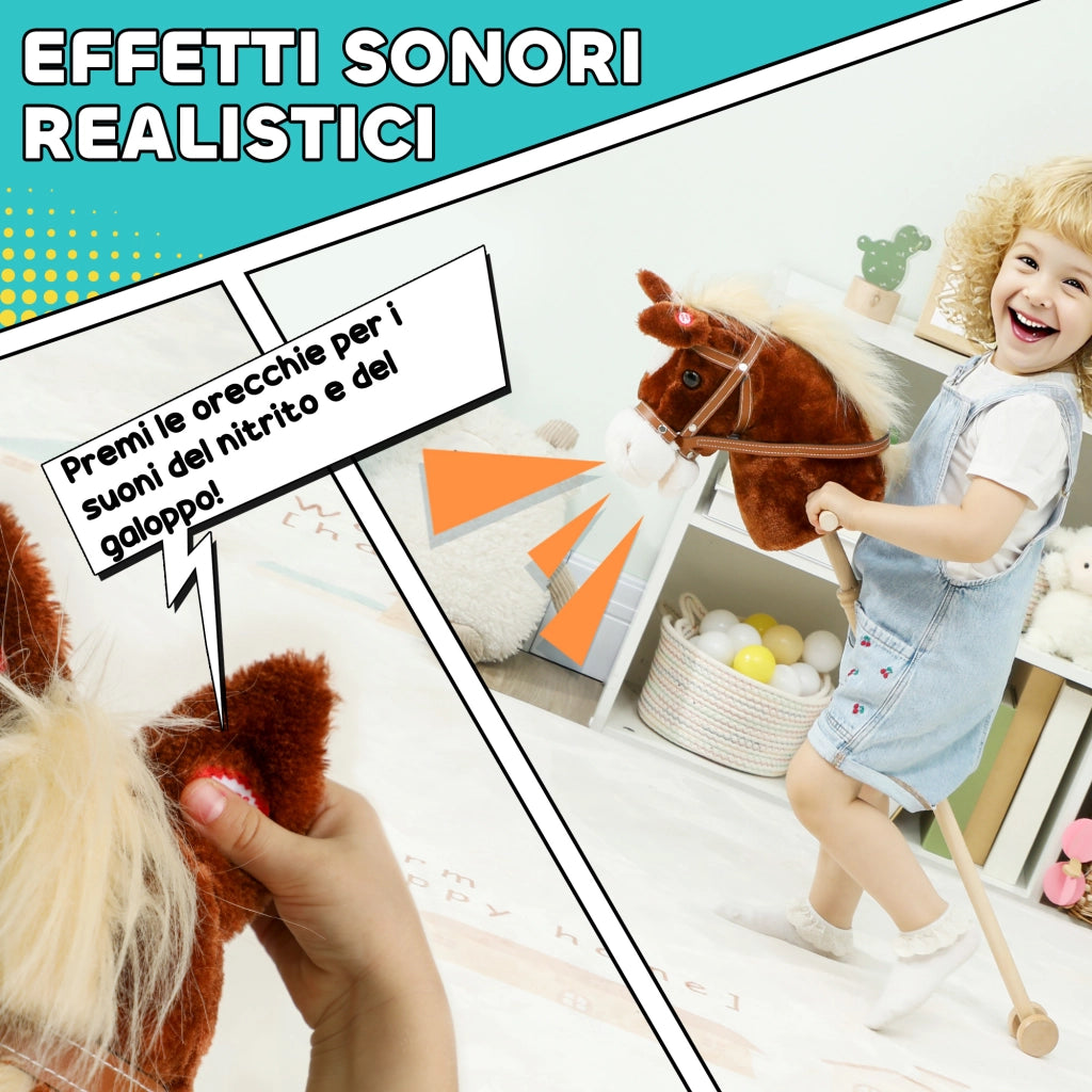 Cavallo con Bastone e Suoni Realistici per Bambini in Poliestere e Legno Marrone