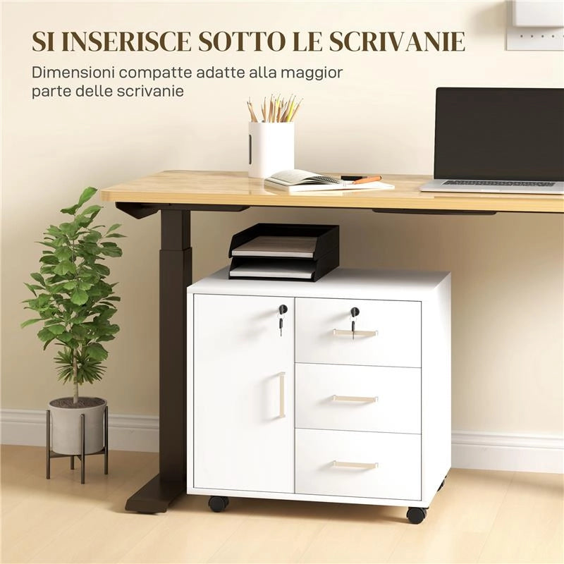 SCHEDARIO PER UFFICIO CON 3 CASSETTI E ARMADIETTO CON 3 RIPIANI REGOLABILI, IN LEGNO, 60X40X56 CM, BIANCO