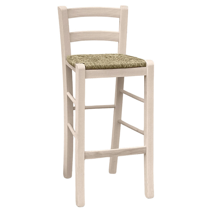 Sgabello snack legno grezzo con schienale da verniciare in paglia h 67