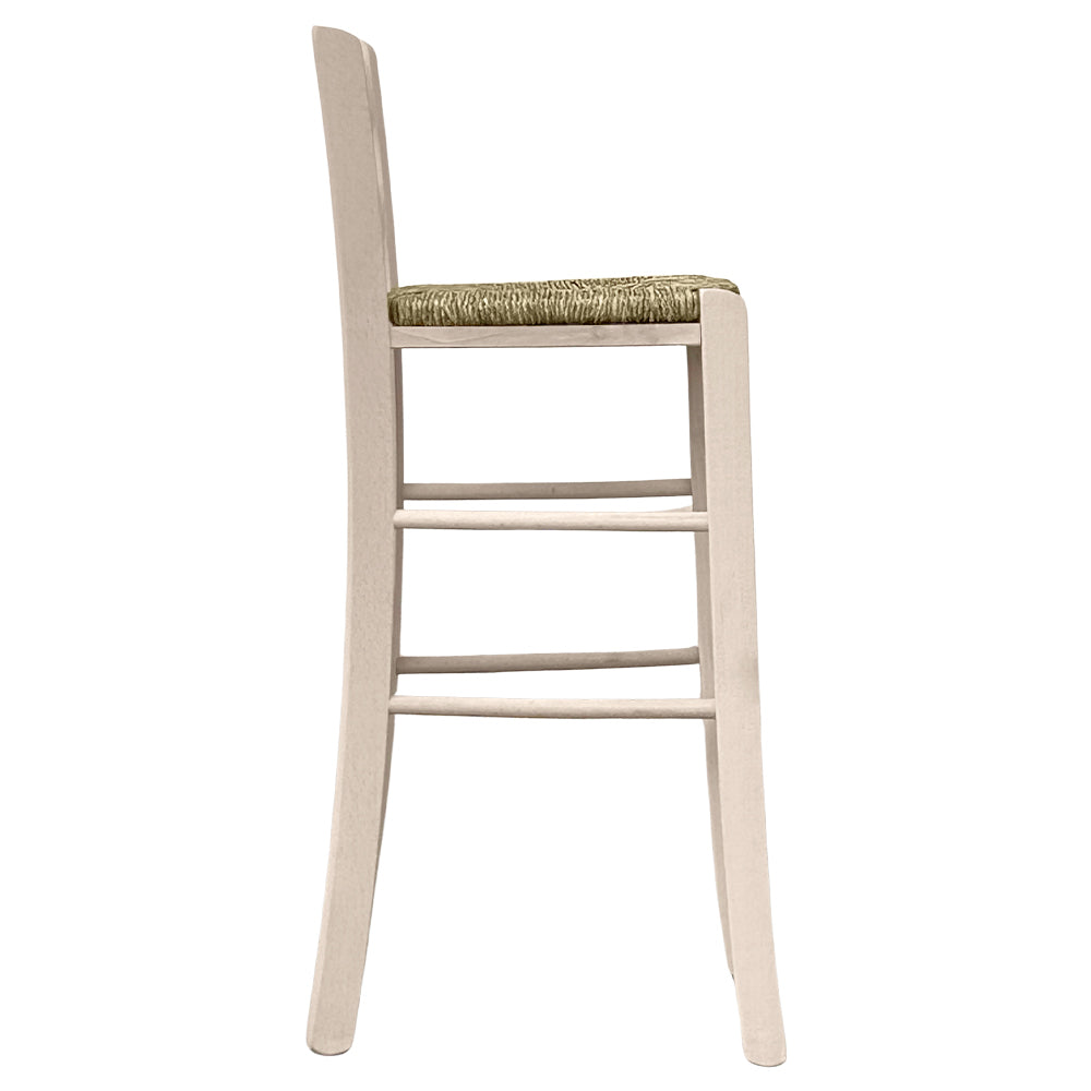 Sgabello snack legno grezzo con schienale da verniciare in paglia h 67