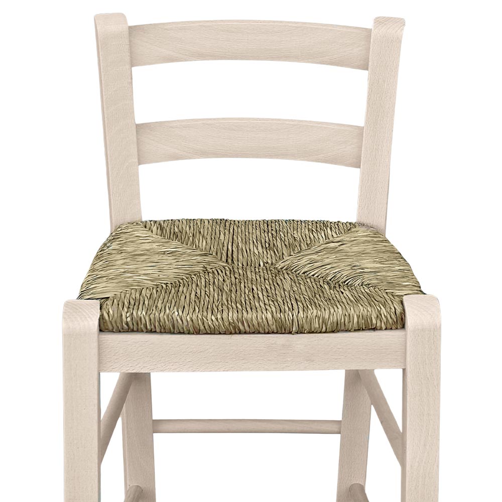 Sgabello snack legno grezzo con schienale da verniciare in paglia h 67