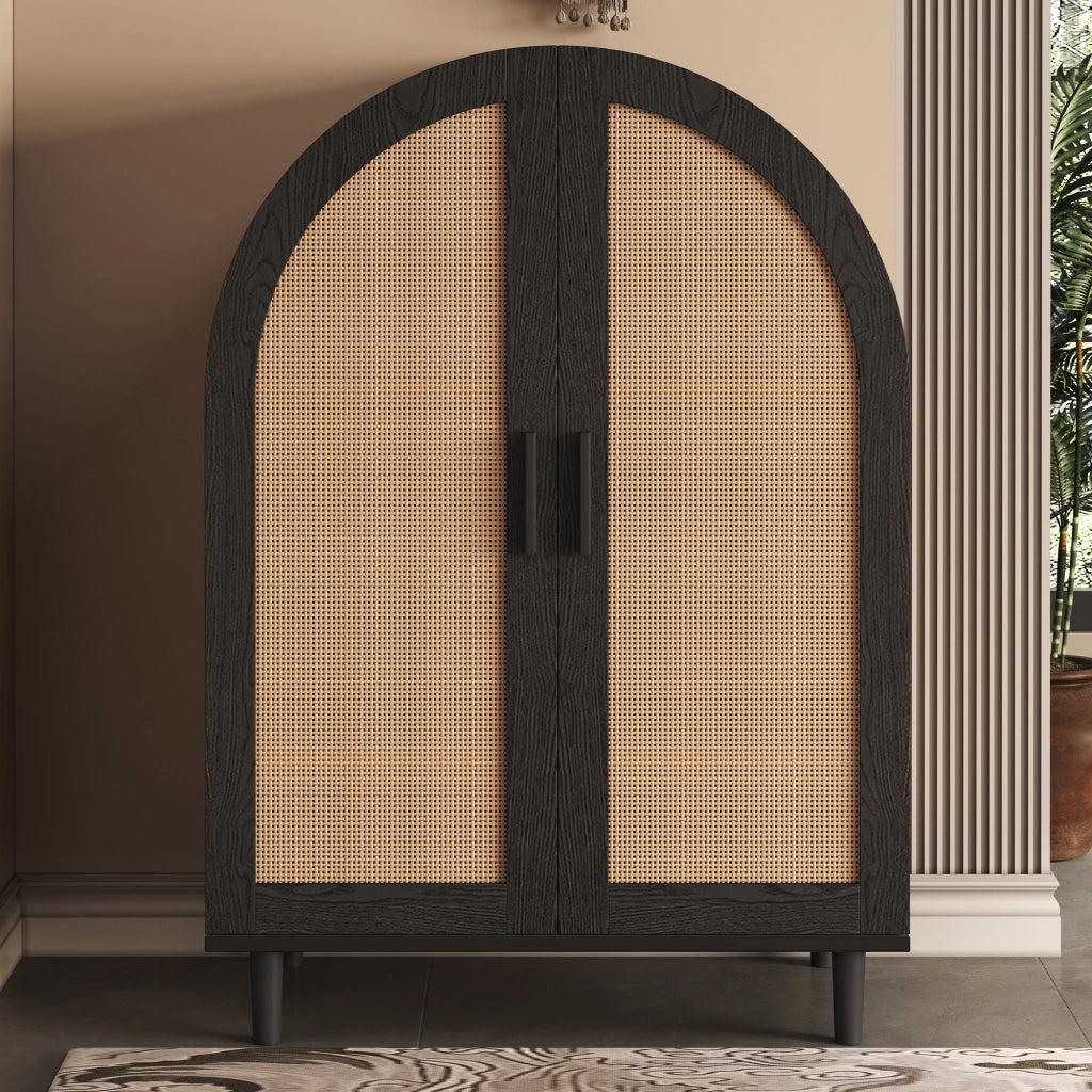 Mobile Scarpiera con 2 Ante in Rattan e 3 Ripiani Regolabili; Stile Elegante; in MDF; Naturale+Nero; 70×40×100 cm