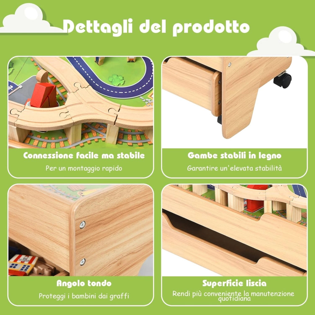 Set Tavolo di Legno con Binari Ferroviari per Bambini, Tavolo Attività e Cassetto con Ruote Bloccabili, con 100 Pezzi Multicolore, Struttura Resistente, Regalo per Bambini +3 anni