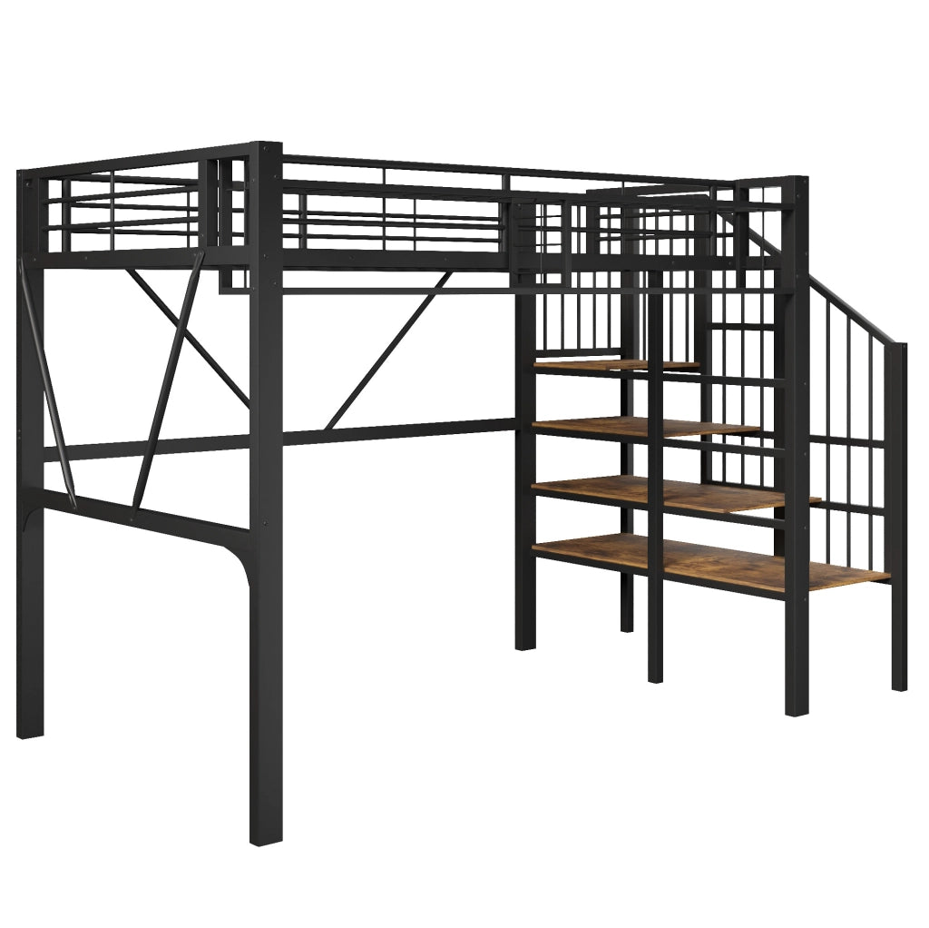 Letto a soppalco 251.5x113x170 cm con scaffale a gradini; elementi a griglia e luce LED; MDF e metallo; nero