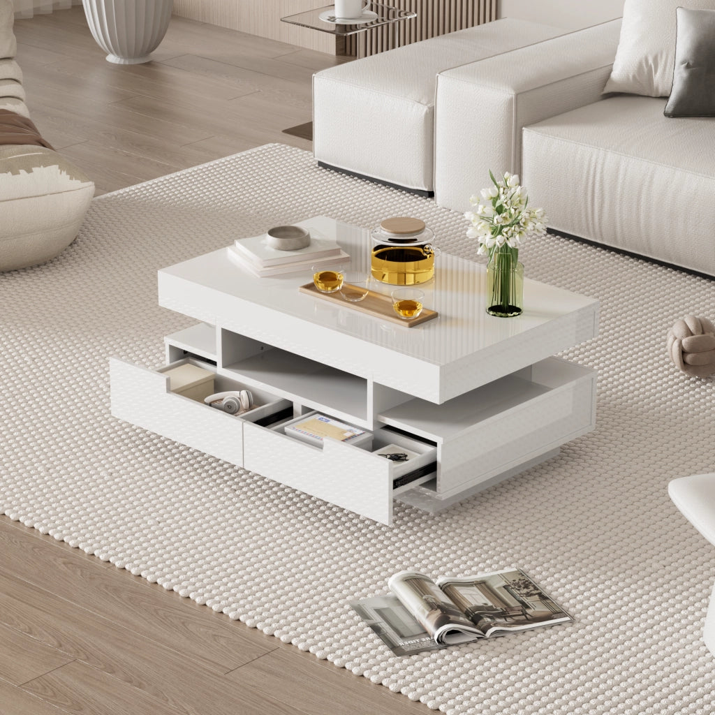 Tavolino da caffè con 4 Cassetti e 3 Vani Aperti; Striscia LED; Bianco Lucido; Stile Moderno; in Pannello truciolare; 80×50×36 cm