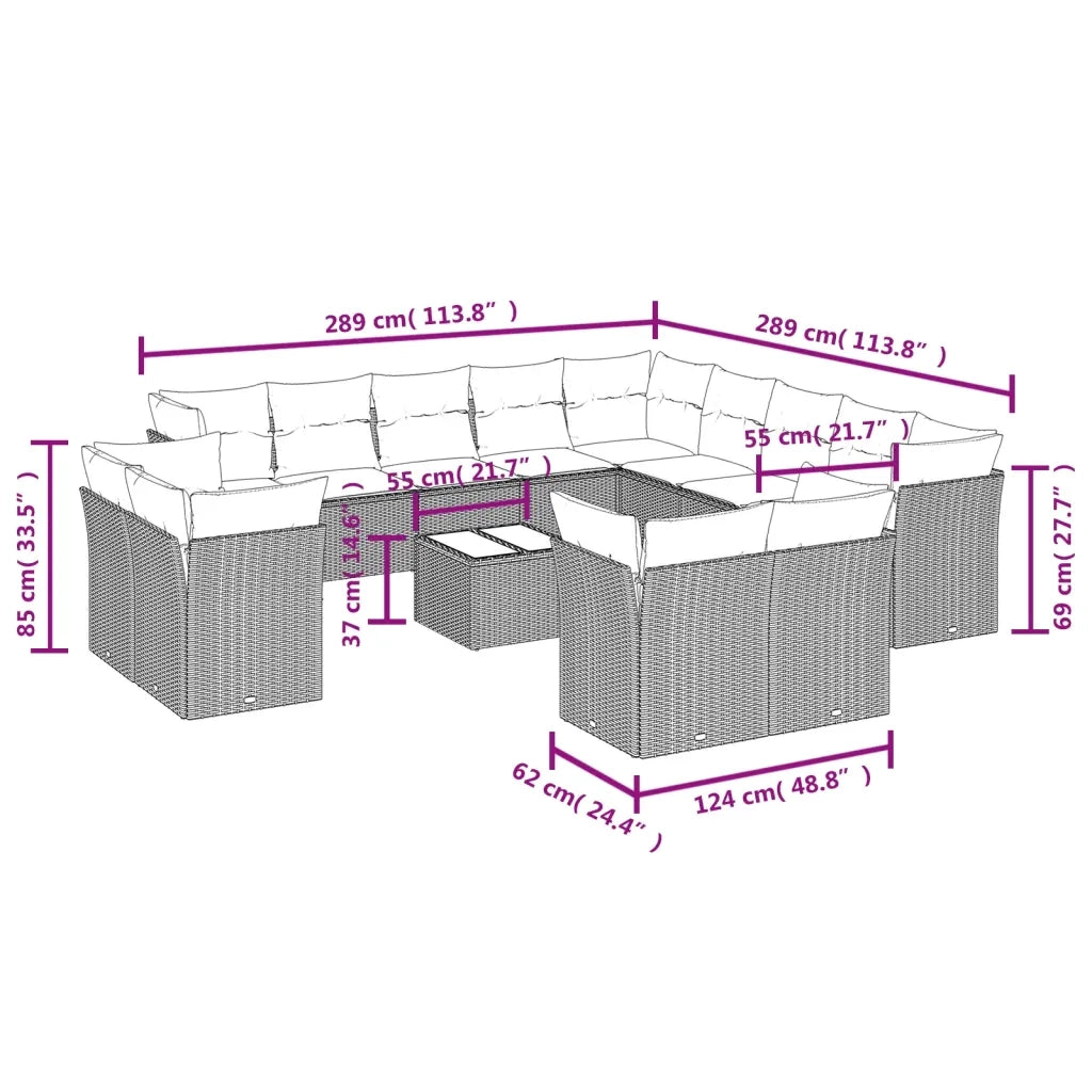 Set Divani da Giardino 14pz con Cuscini in Polyrattan Beige