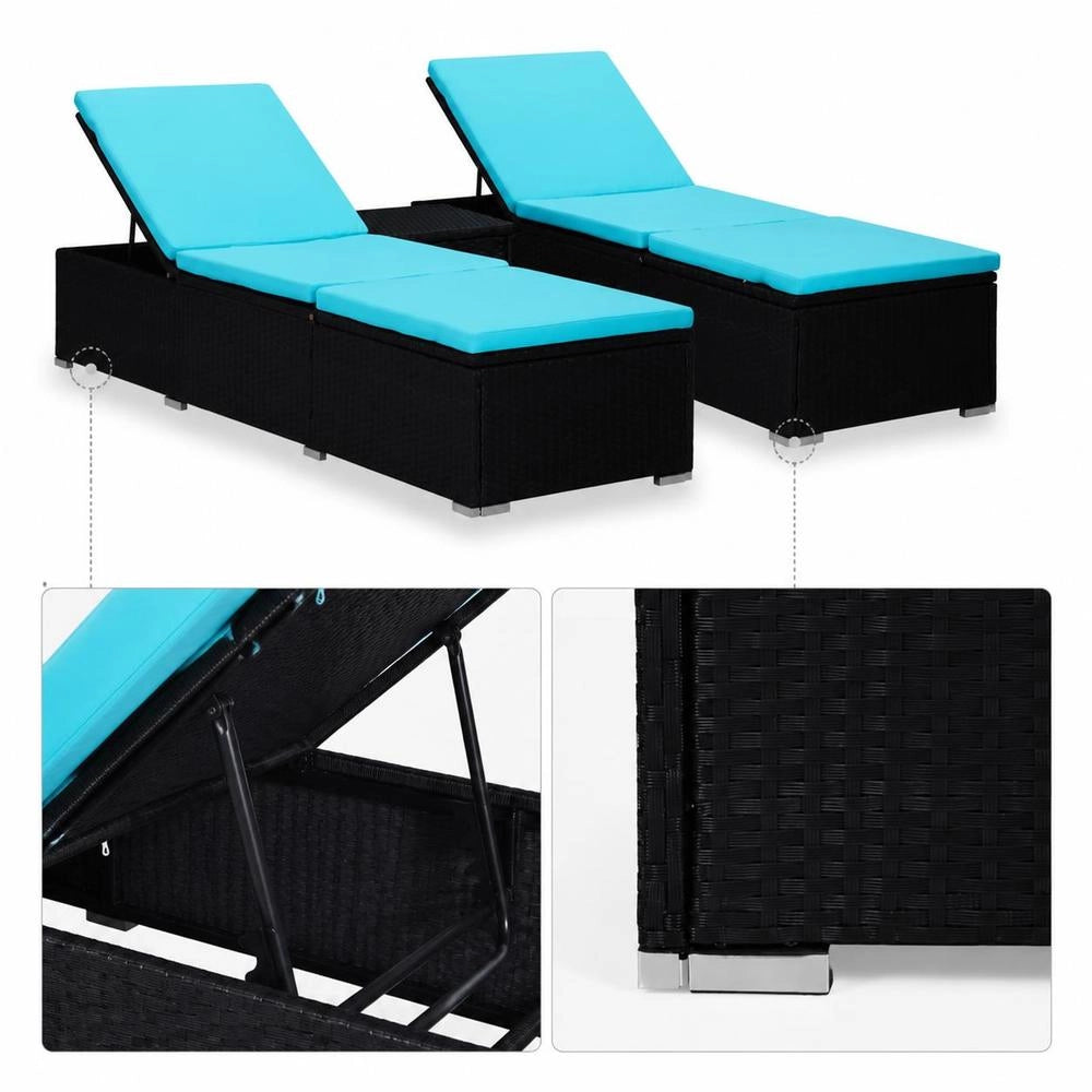 3-piece Garden Sun Loungers With Tea Table, Poly Rattan, Black