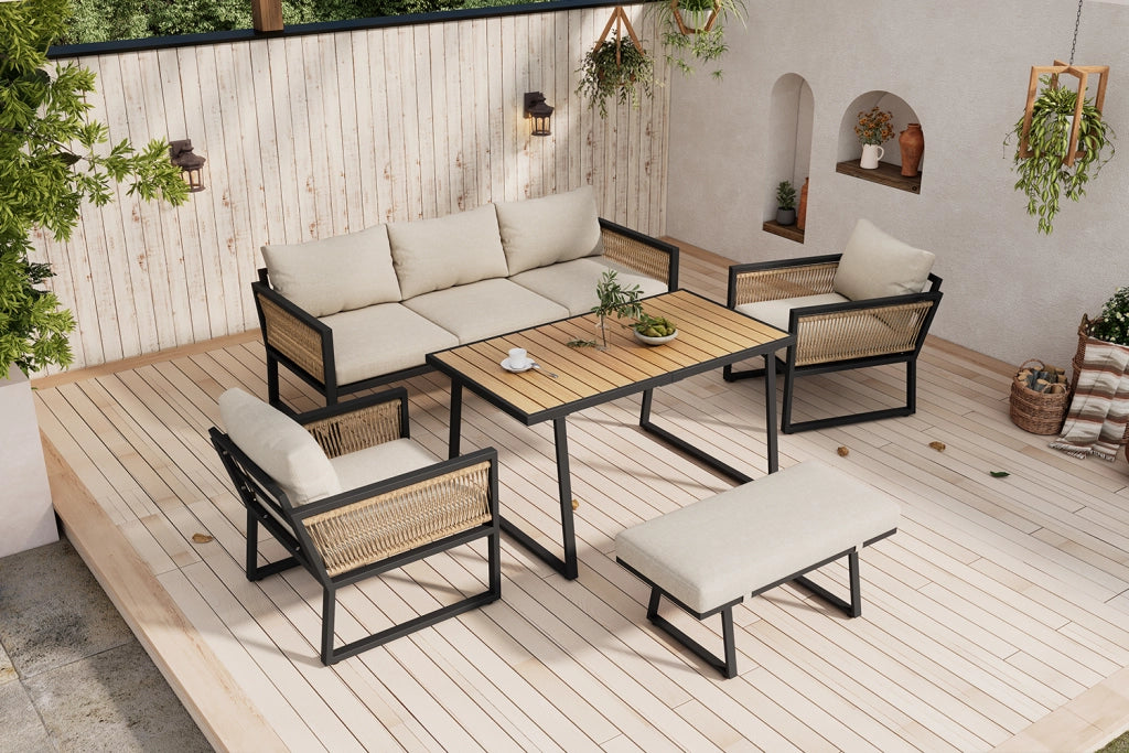 Set da pranzo da giardino set di sdraio da giardino 5 pezzi. Set di mobili da giardino divano a 3 posti 2 poltrone sgabello e tavolo da pranzo piano in legno di plastica braccioli in corda intrecciata acciaio zincato beige