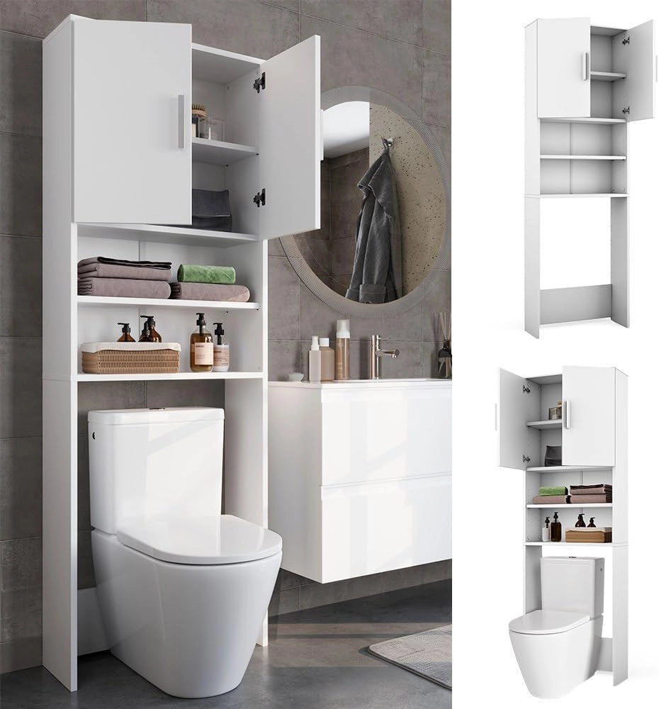 Armadietto per toilette, Bianco, 64 x 190 cm con 2 porte, per riporre articoli da bagno sopra il WC