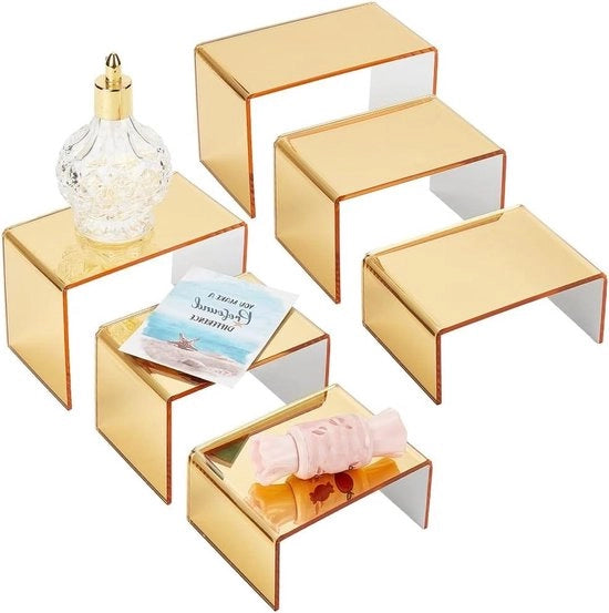 Display Riser Acrilico a 3 Livelli - 6 pezzi - Piastra di Supporto per Prodotti - Organizzatore di Profumi - Vetrina da Conto - Curiosità per Cupcake e Dessert - Cassa per la Collezione - 28x4~49x15~74 cm