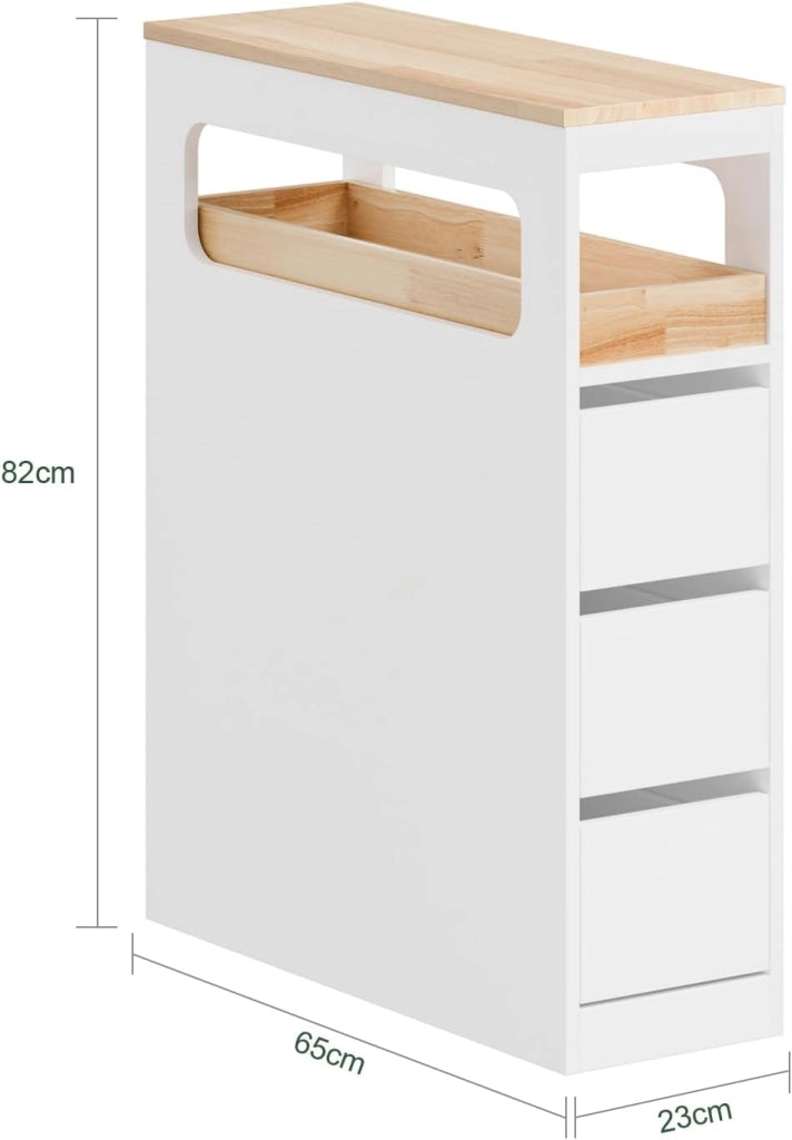 Mobile Bagno, Mobile Salvaspazio con 3 Cassetti, Ripiano in Legno e Rotelle – Mobiletti Stretti, Cassettiera Bagno da Terra, Struttura Resistente e Design Moderno BZR54-II-W