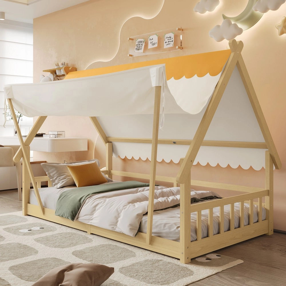 Letto Singolo per Bambini a Casetta ¨C MINIMAL ¨C Pino e Multistrato, 90x200, Naturale