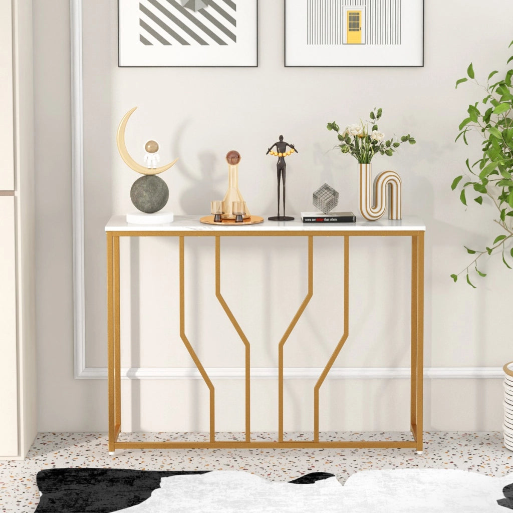 Tavolino consolle finitura dorata da 110cm con piano effetto marmo struttura metallica, Tavolo da ingresso Bianco-Consolle
