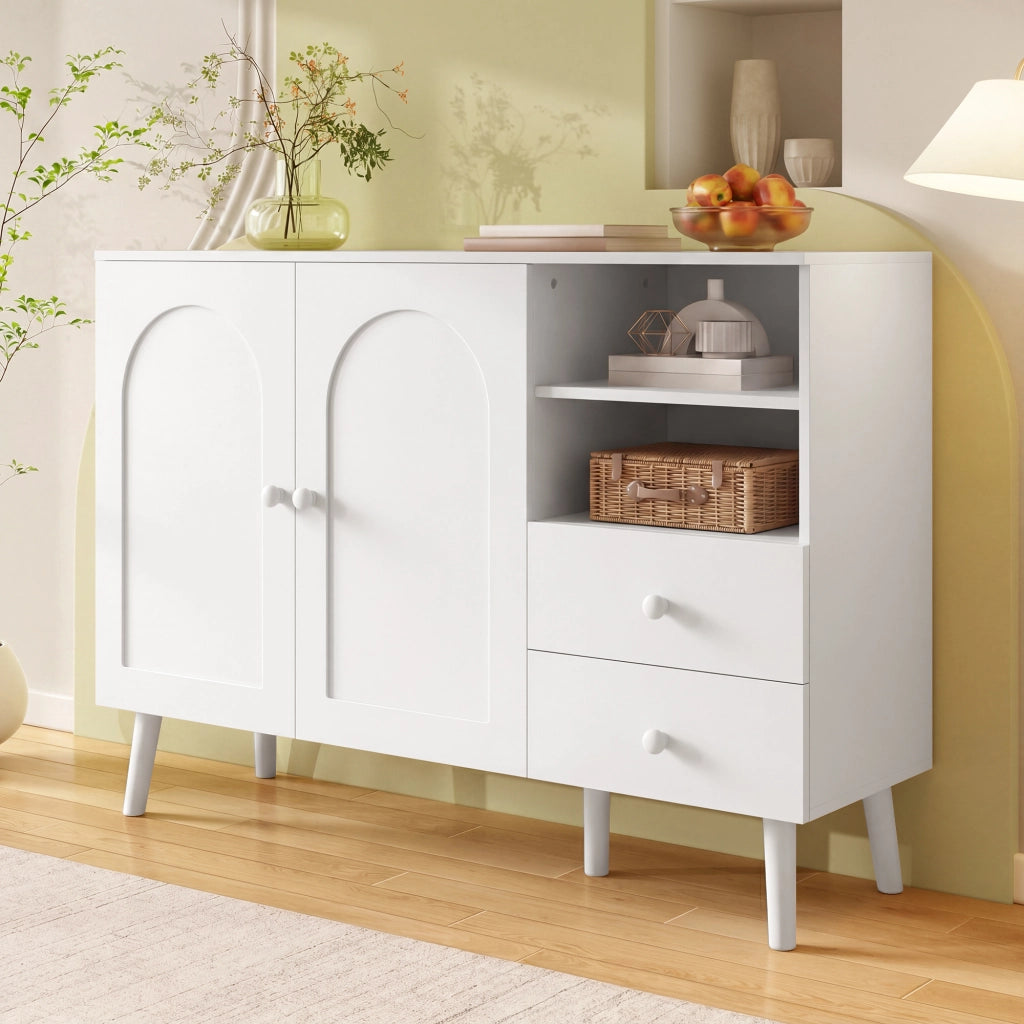 Credenza con 2 ante, 2 cassetti e 2 vani aperti, per soggiorno sala da pranzo e ingresso, bianco, 118 × 35 × 82 cm
