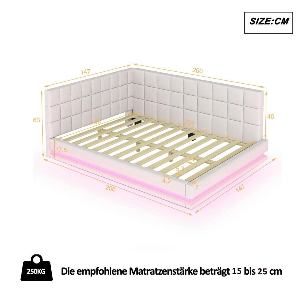 Divano letto 140x200 cm con LED a colori variabili e USB in lino beige
