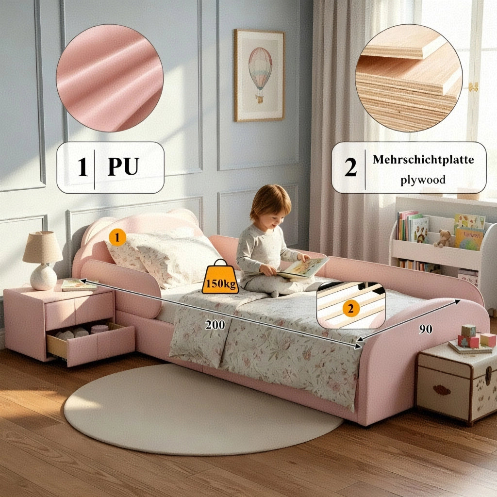 Letto per bambini 90 × 200 cm con testiera a forma di orso, comodino con 2 cassetti, senza materasso, rosa