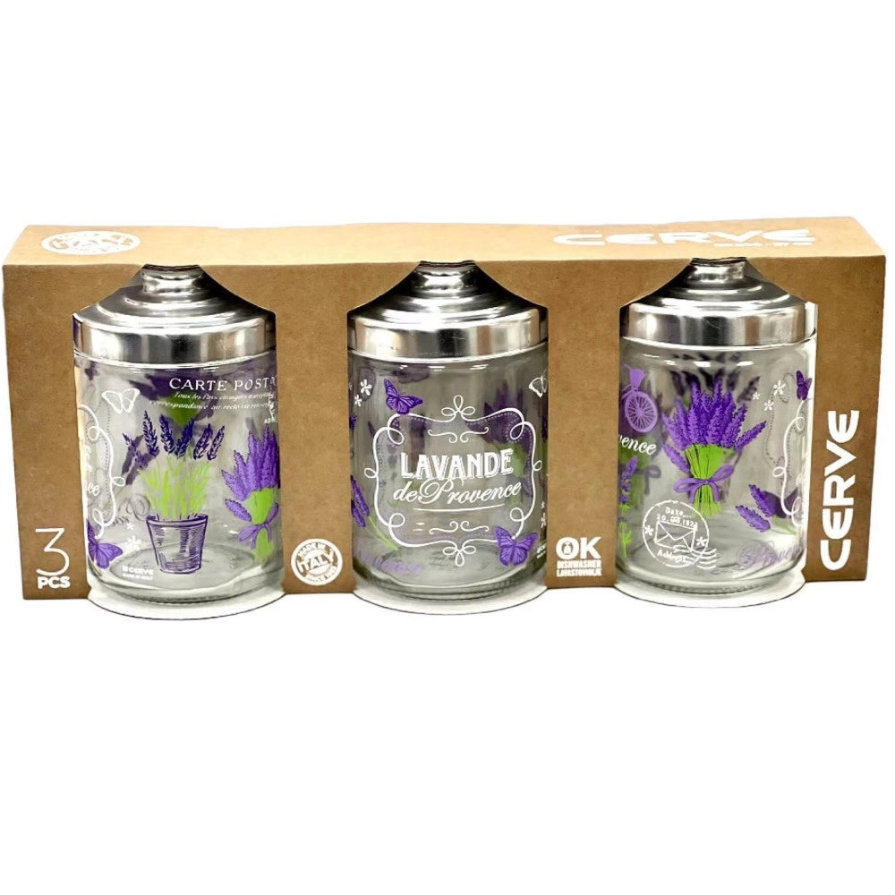 Trade Shop - Set Tris 3 Pz Barattoli Contenitori Da Cucina In Vetro Decorazione Fiori 800ml -