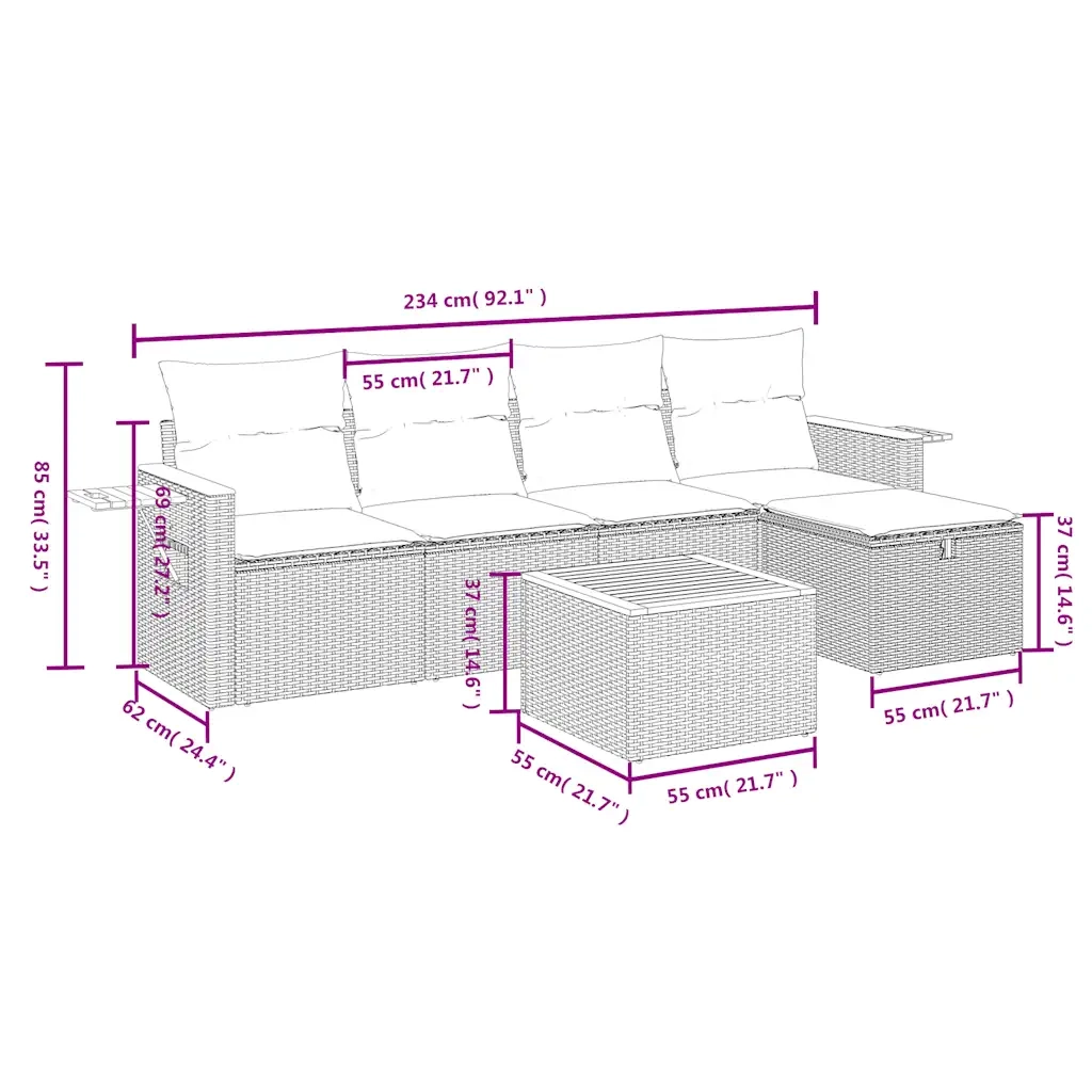 Set Divano da Giardino 6 pz con Cuscini Beige Misto Polyrattan