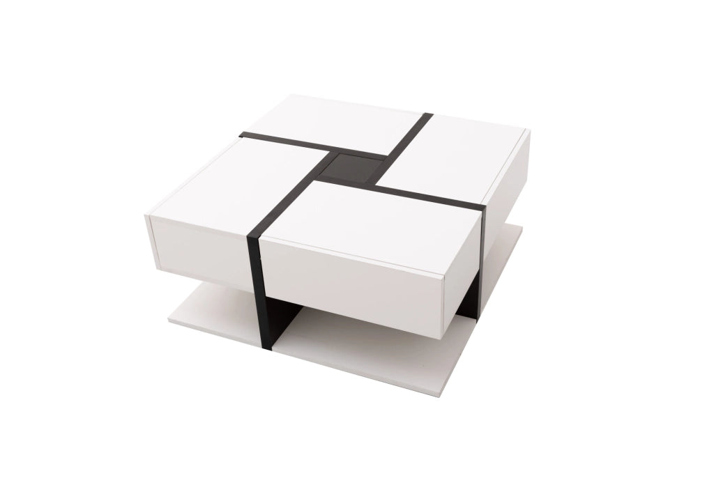 Tavolino da caffè quadrato con 4 cassetti; 78x78x36 cm; in truciolare bianco e nero lucido
