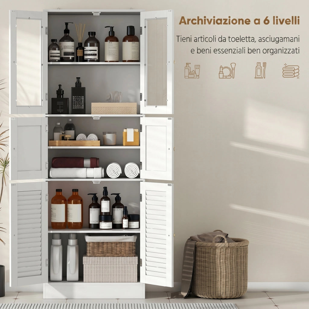 Colonna Bagno Stretto con Ante Vetro e Ripiani Regolabili ¨C Minimal ¨C 60x30x170 Bianco