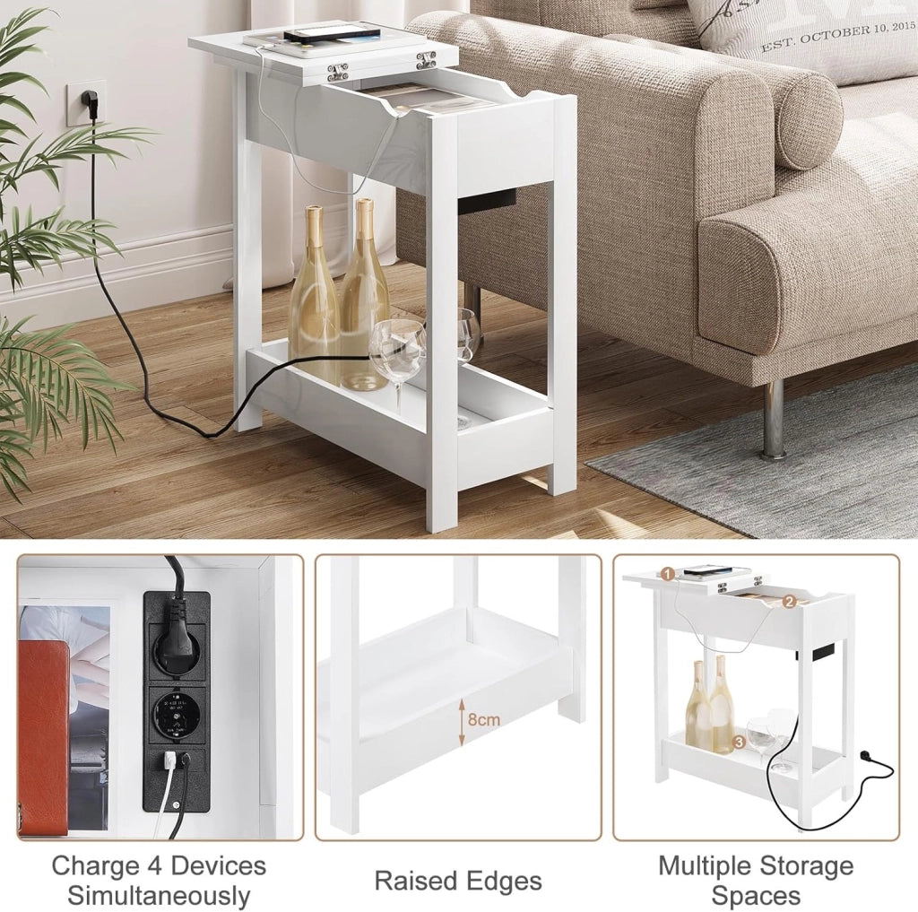 Tavolino da Salotto con Stazione di Ricarica, Tavolino a 3 Ripiani, Piano Pieghevole, 2 Porte USB e 2 Prese a 2 Fori, per Camera da Letto, Soggiorno, Cucina, Bianco