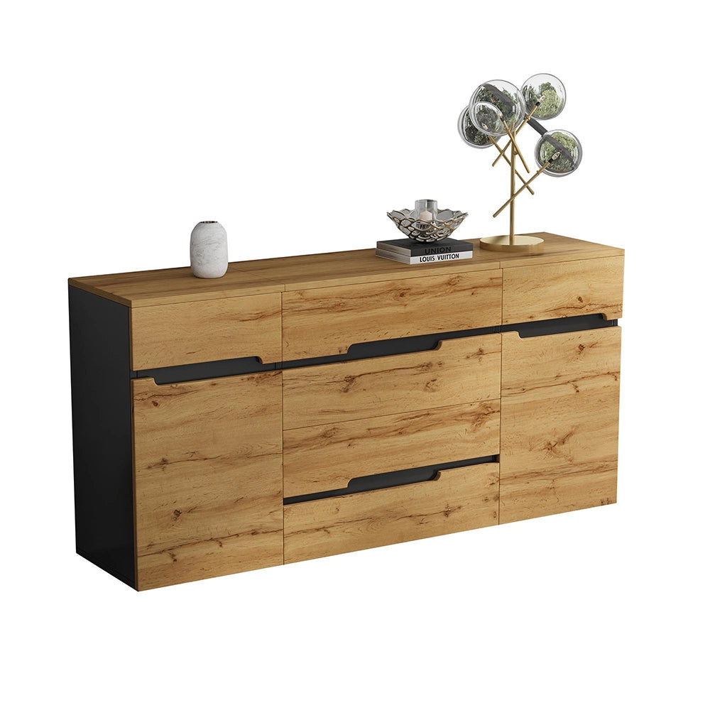 Credenza Soggiorno 160x40x80cm - Xylo - 2 Ante e 4 Cassetti, Colore Legno e Nero