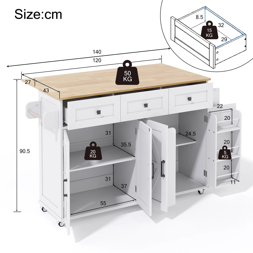 Isola da cucina con piano ribaltabile, 4 ante e 3 cassetti, bianco e naturale, 140x43(70)x90,5 cm