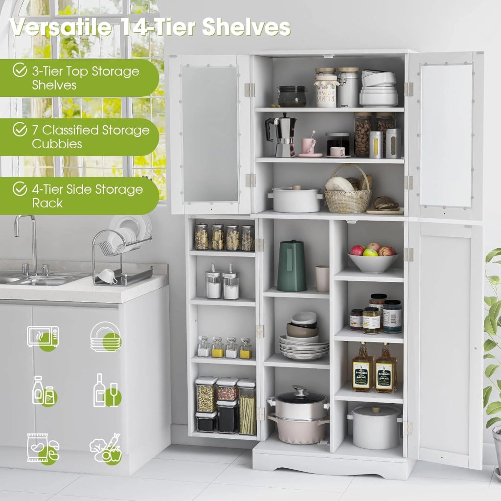 Armadio alto dispensa da cucina, mobile credenza indipendente con due ante in vetro temperato, per sala da pranzo, soggiorno, 60 x 31,5 x 161,5 cm (bianco)