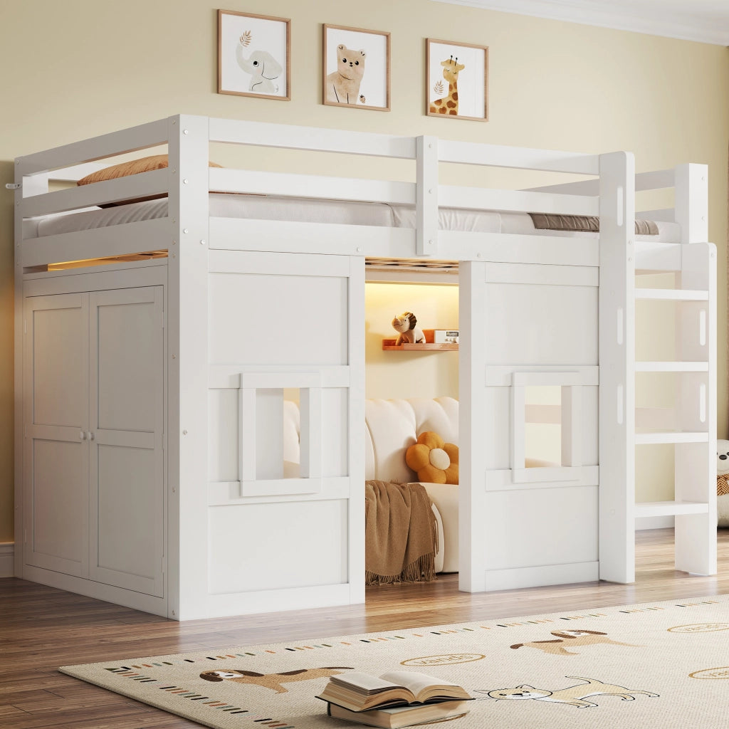 Letto a Soppalco con Armadio Integrato e LED ¨C MINIMAL ¨C Legno Bianco 90x200
