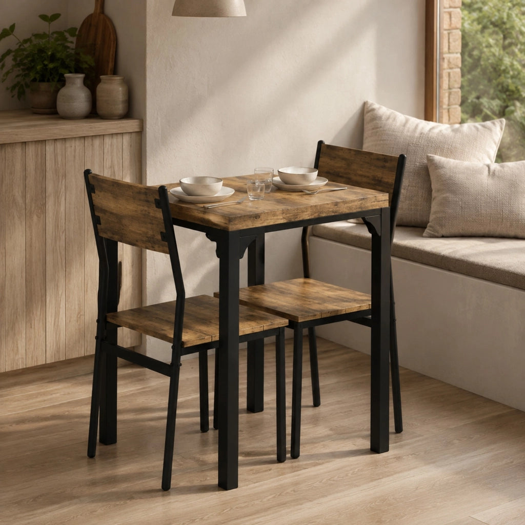 Set tavolo da pranzo con 2 sedie in MDF e acciaio marrone rustico