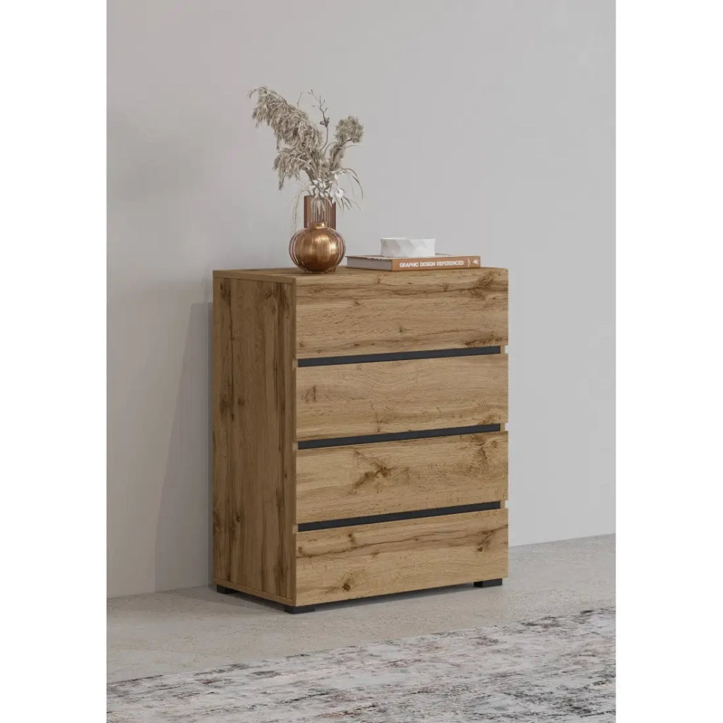 Piccolo buffet HAVANA – 4 cassetti – Rovere e nero – Stile naturale e moderno