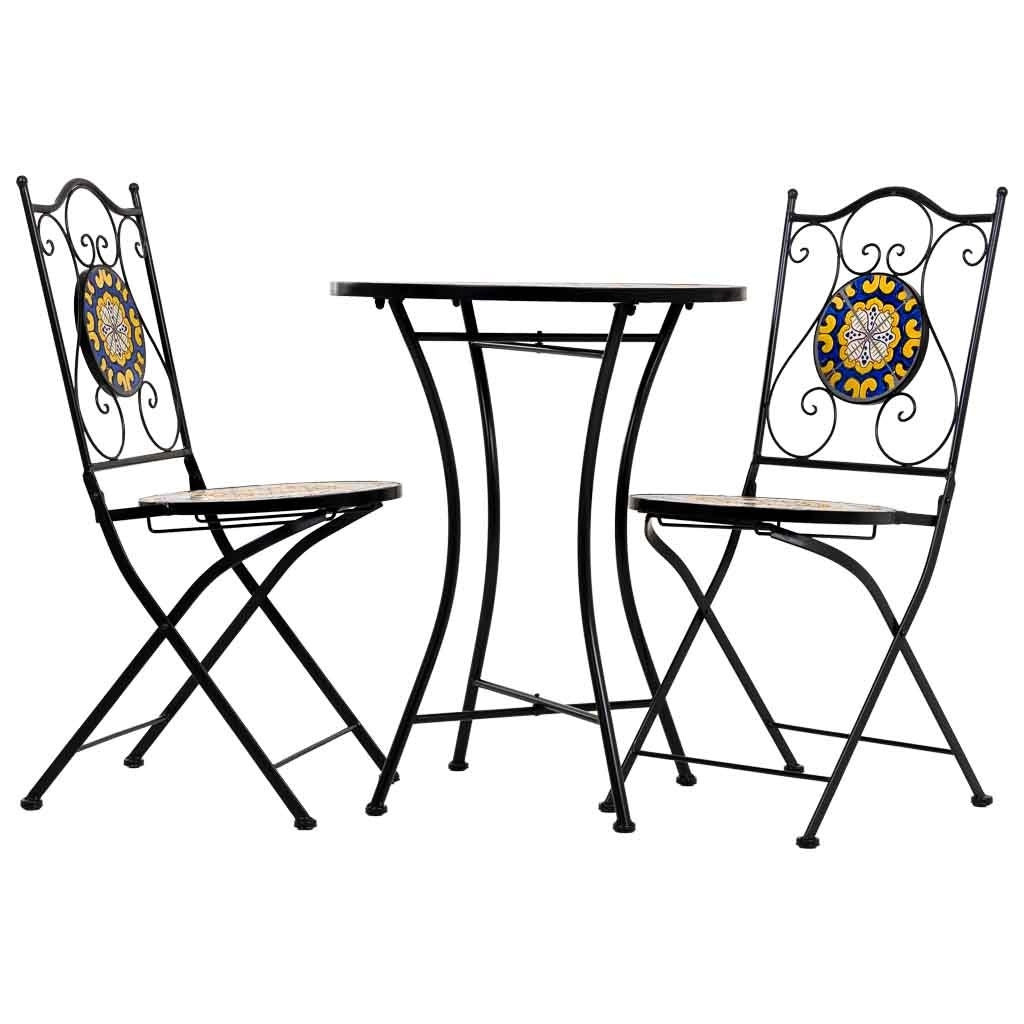 Set tavolo e due sedie in mosaico nero e ferro battuto tavolo: D60x75h - sedia (2): D38x46-90h