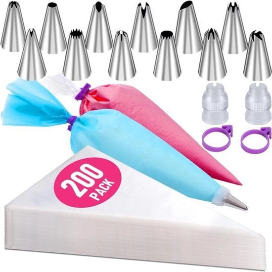 Set di bocchette da spolvero (217 pezzi complessivi): bocchette da spolvero per decorazione di torte, sacchetti da spolvero, spatola da burro