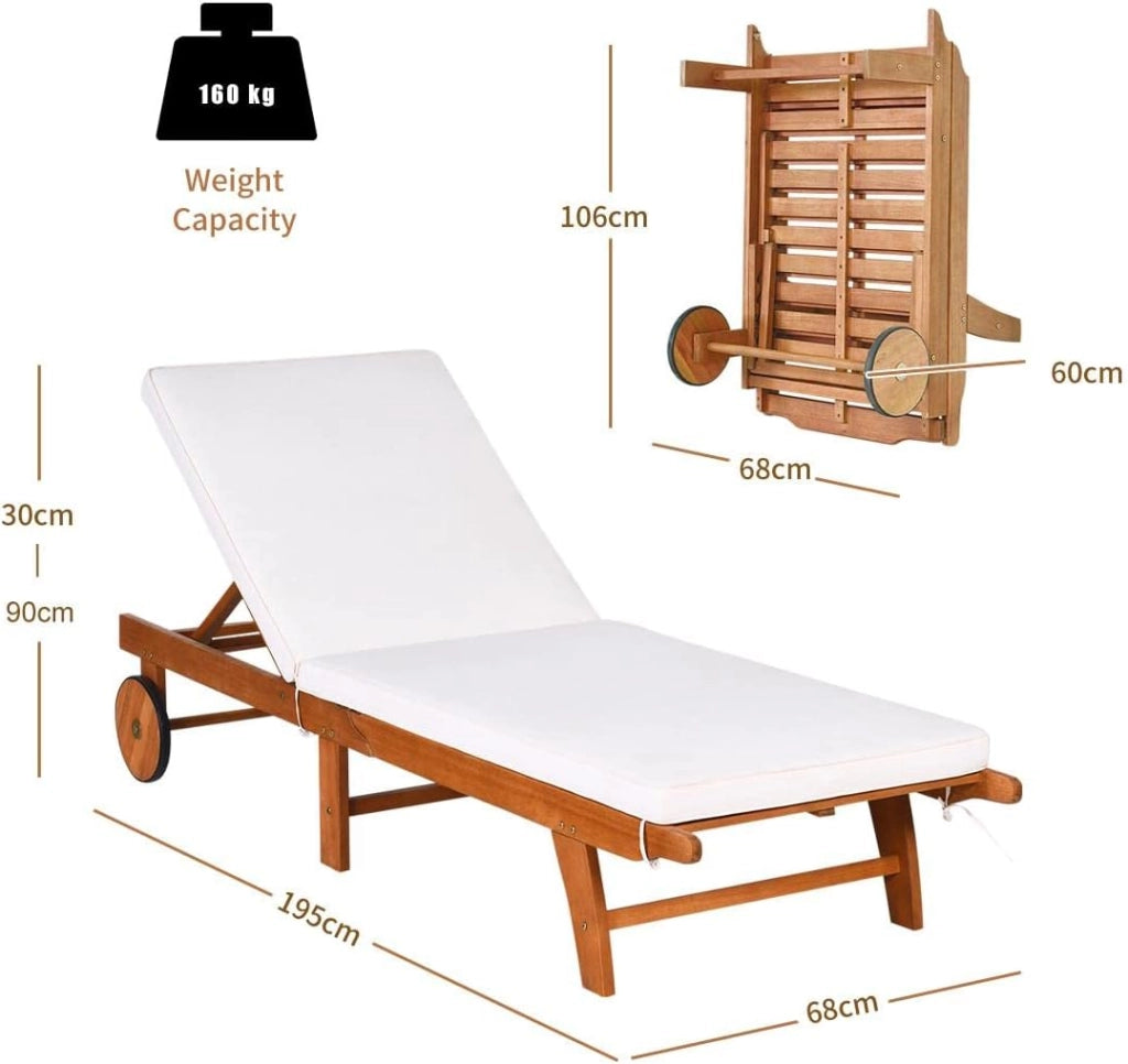 Lettino Prendisole con Schienale Regolabile, Sedia Sdraio in Legno di Eucalipto, Sdraio dav Spiaggia con Cuscino e 2 Ruote, Portata fino a 160 kg, Natura e Beige, ‎195 x 68 x 30-90 cm (1)