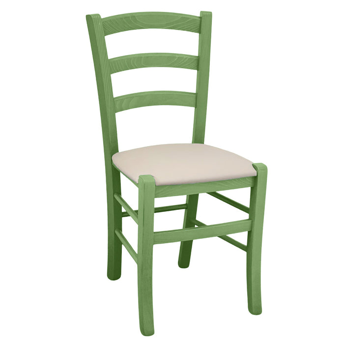 Sedia legno Venezia verde con seduta in similpelle beige