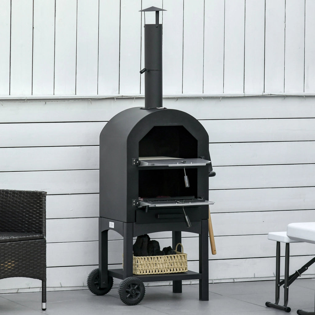 Forno per Pizza e Barbecue a Carbone Portatile in Acciaio con Camino e Ruote, 63x54x161 cm, Nero