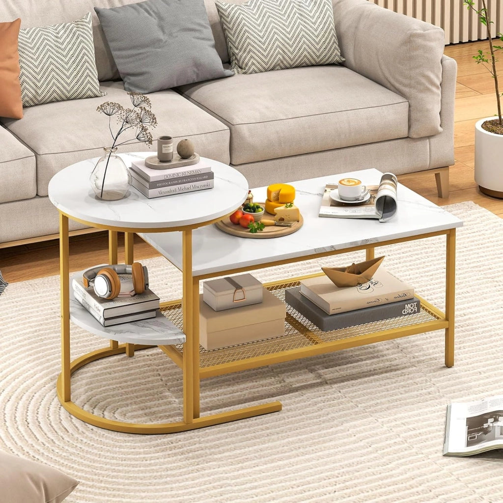 Set di Tavolini da Caffè Componibili, 2 in 1 Set di Tavoli Rimovibili con Piano in Marmo Sintetico, Tavolino Rotondo e Tavolino Rettangolare per Salotto e Camera da Letto (Oro)