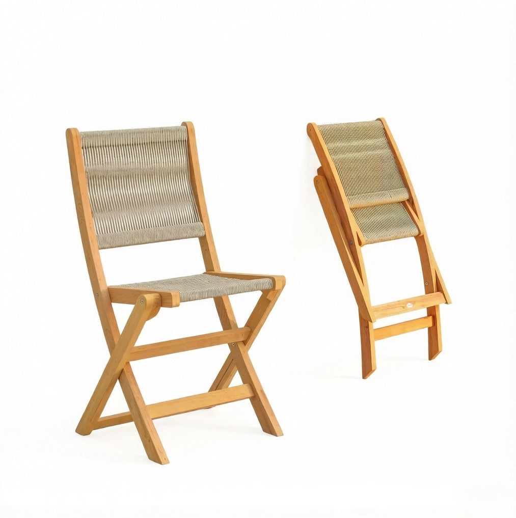 Set 2 sedie da giardino pieghevoli in legno di acacia e corda PP; beige e naturale