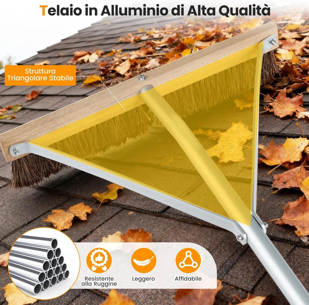 Spazzola per Tetto con Foglie, Scopa da Esterno Regolabile 165-626 CM con 5 Aste di Estensione in Alluminio Leggero, Rastrello per Tetto per Rimuovere Foglie, Aghi e Pigne