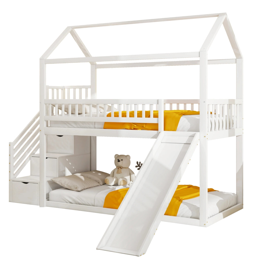 Letto a Soppalco 90x200 cm; Letto per Bambini con Scivolo e Scala Contenitore in Legno Bianco
